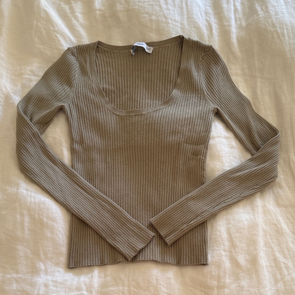 Mango Ribbed Long Sleeve Top in Olive